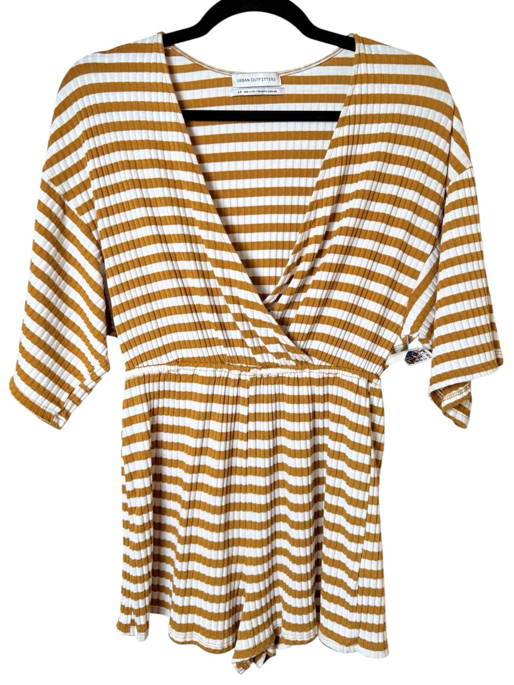Urban Outfitters Small Striped Off-Shoulder Romper in Mustard & White